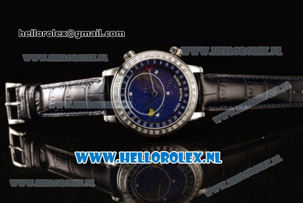 Patek Philippe Grand Complication Sky Moon Celestial Compass Miyota 9015 Automatic Steel Case with Blue Dial and Black Genuine Leather Strap (GF) - Click Image to Close